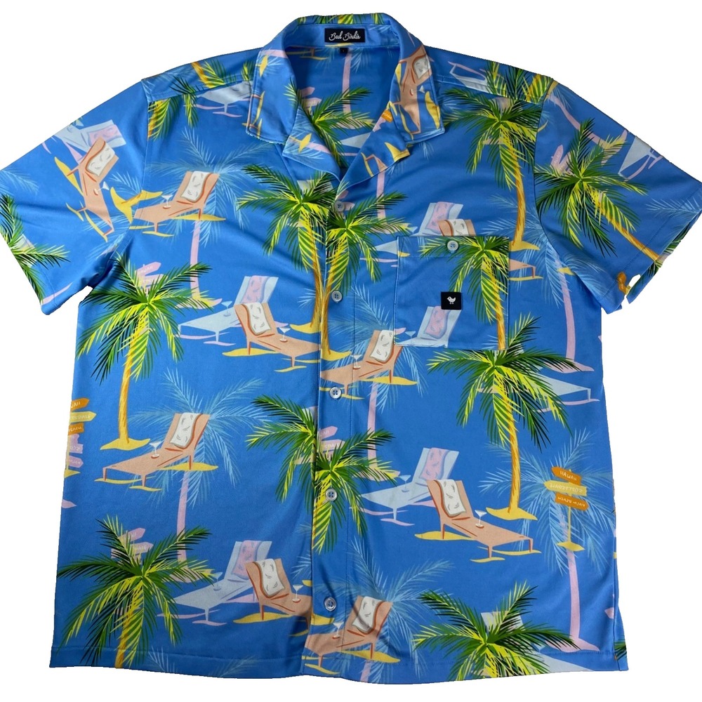 Bad Birdie Men's Blue Palm Tree Tropical Hawaiian Golf Polo Shirt Size L - Picture 1 of 7